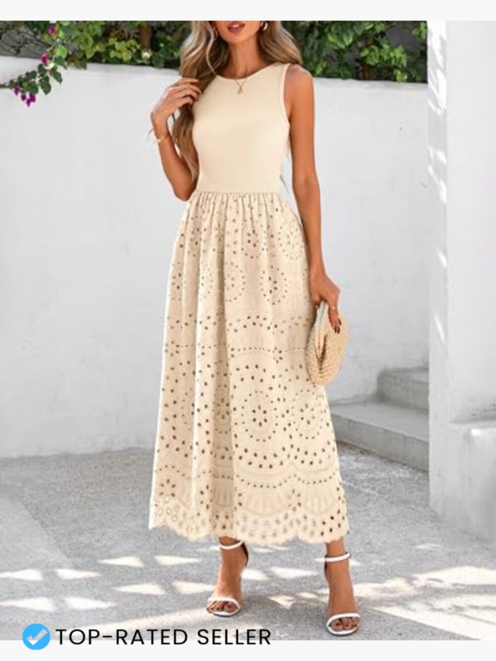Sleeveless Lace Eyelet Cotton Maxi Dress A-Line Boho Casual with Pockets - Picture 6 of 7